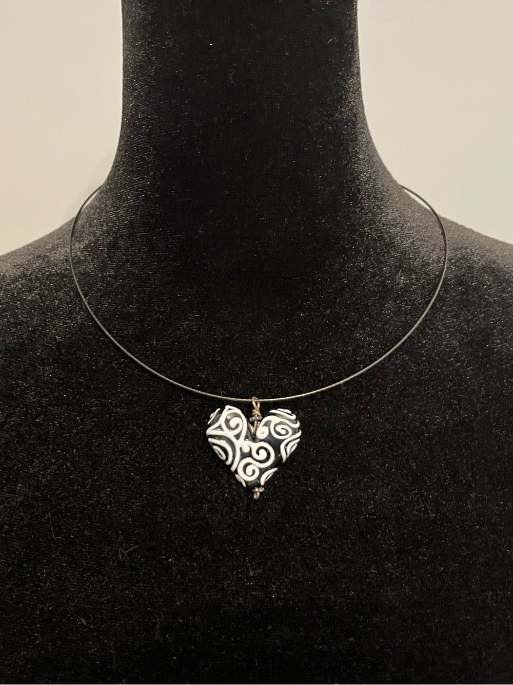 Never Worn Hand-Crafted Black & White Ceramic Heart on Black Wire Chain